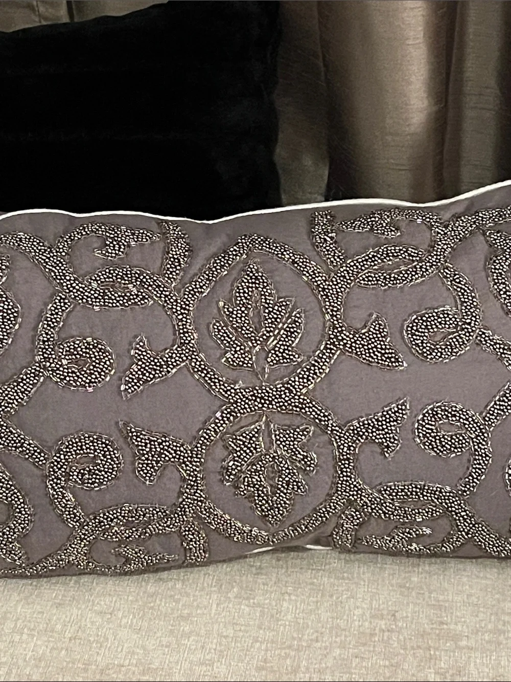 2 Decorative Throw Pillows: High-end, Gorgeous! Beaded Silver-Gray & Black “Fur”